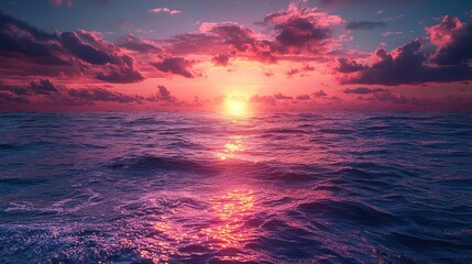 Serene sunset over tranquil ocean waves with vibrant colors reflecting on the water