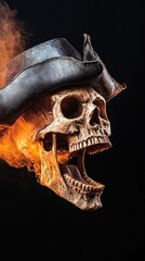 A flaming pirate skull wearing a hat, showcasing intensity against a dark backdrop, symbolizing adventure