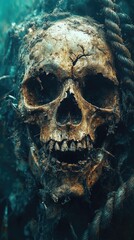Underwater close-up of an ancient skull entwined in seaweed, surrounded by dark ocean depths