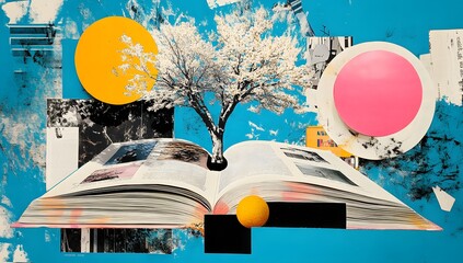Open book with tree, vibrant collage, abstract background, inspirational design