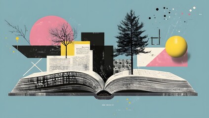 Open book with abstract art, city, trees, and sun, showcasing knowledge and creativity