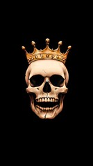 A striking illustration of a skull adorned with a golden crown against a solid black background