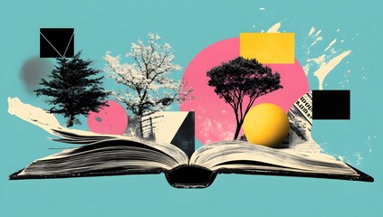 Open book with trees and geometric shapes on teal background