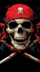 Skull with red bandana and crossed swords, set against a dark, splattered background