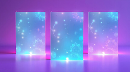 Obraz premium Futuristic Glowing Glass Panels with Dreamy Floral and Starry Aesthetic in Vibrant Purple and Blue Lights