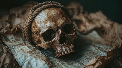 A weathered skull adorned with a rope sits atop crumpled maps in a dimly lit setting