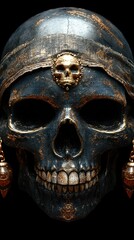 Detailed close-up of a decorative skull with ornate headwear and earrings against a dark background
