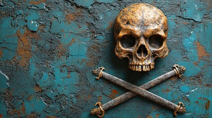 A weathered wall featuring a metallic skull and crossbones emblem, evoking a pirate theme