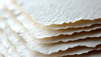 Close-up view of textured, stacked sheets of handmade paper showcasing intricate fibers and layers