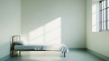 minimalist bedroom featuring simple bed against softly lit white wall, creating serene atmosphere. natural light streaming through window enhances calmness of space
