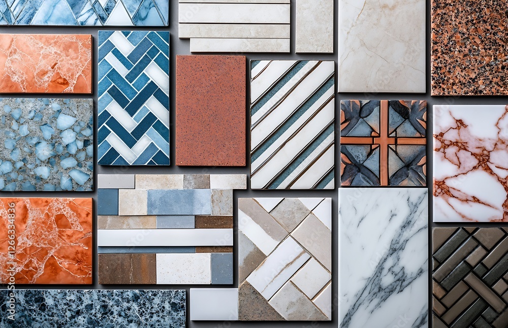 Poster vibrant display of marble and stone tiles with trendy designs and stunning colors for interiors : ge