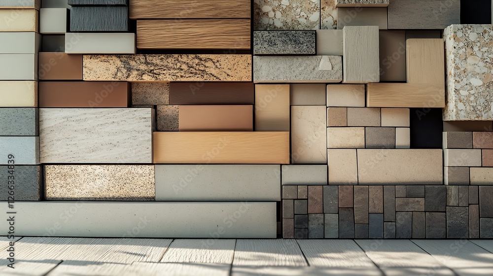 Poster a stunning display of diverse materials showcasing textures and colors for interior design inspirati