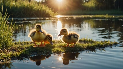 Three ducklings on the grass by a serene pond during sunset.
