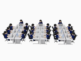 たくさんの机が並ぶオフィスで、ノートパソコンを操作して仕事するビジネスマンたち