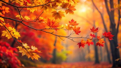 Autumnal Branch with Vibrant Red and Gold Maple Leaves Against a Softly Focused Background of Fall Foliage