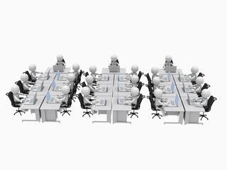 たくさんの机が並ぶオフィスで、ノートパソコンを操作して仕事するビジネスマンたち