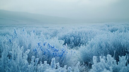 Frost-covered plants in a misty field. Ideal for winter, nature, or serenity themes.