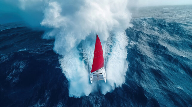 catamaran sailing through powerful ocean waves, showcasing striking red sail against backdrop of turbulent waters. scene captures thrill and beauty of sailing in challenging conditions
