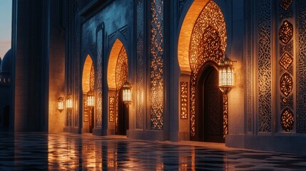 An elegant mosque entrance at dusk with golden lanterns and intricate Islamic architecture, reflecting on a polished marble floor