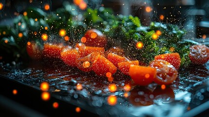 Fresh tomatoes splashing on a kitchen countertop with herbs and sparkling water droplets