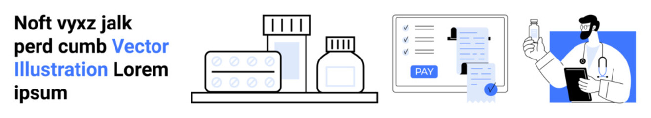 Medication bottles, pills, digital payment screen, and doctor with prescription. Ideal for healthcare, telemedicine, pharmaceutical marketing, e-prescriptions, medical advice online payment