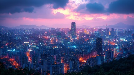 Obraz premium Cityscape twilight, vibrant sunset, mountain backdrop, urban lights, panoramic view