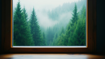serene view of misty forest through large window, showcasing lush green trees and tranquil atmosphere. soft fog adds sense of calm and peace to scene