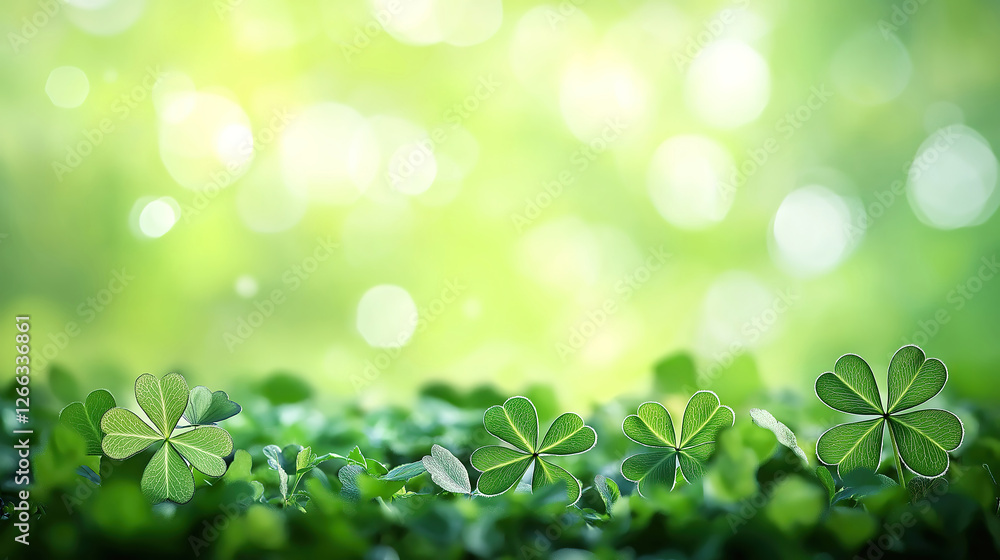 Aufkleber st patrick’s day symbols with three-leaved shamrocks and a lucky four-leaf clover in the field on a 
