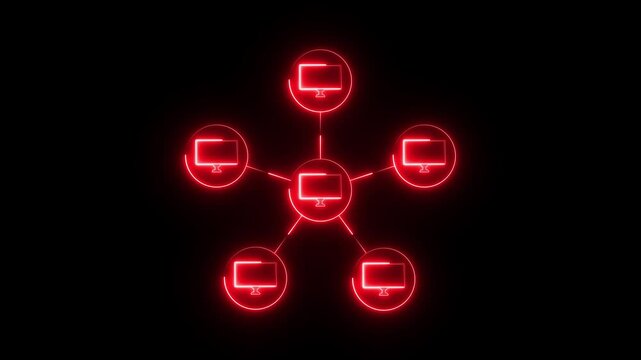 Animation of star topology icon with cyan color neon on black background. Computer networking topology system