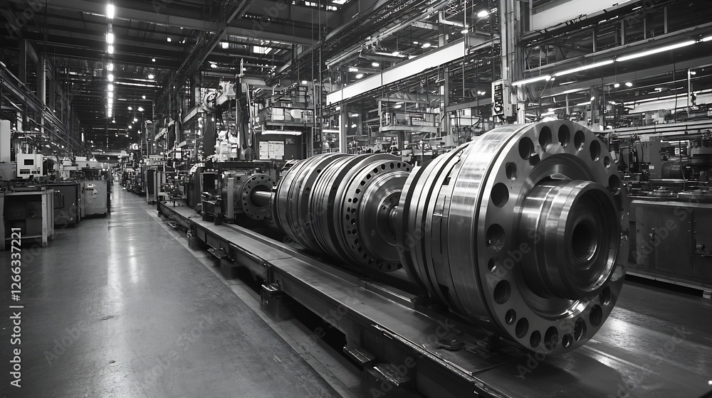 Poster industrial manufacturing environment showcasing large metallic components in a spacious factory sett