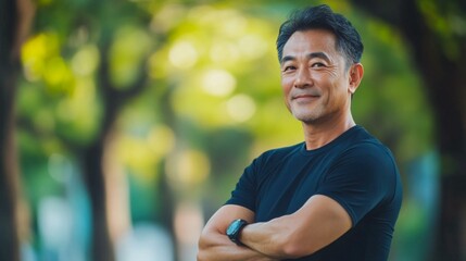屋外で腕を組み笑顔を見せるアジア人男性、健康的なライフスタイル