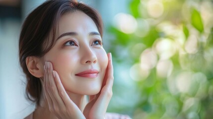 頬に手を当て微笑む女性の爽やかな背景素材