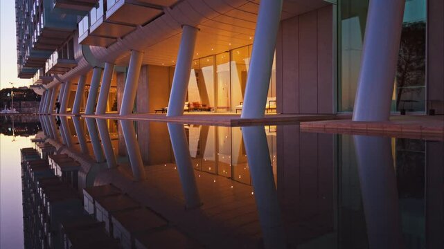Close up of a building in the Mareterra new Residential district in Monaco in the evening