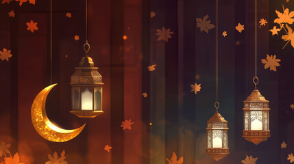 Obraz premium intricate gold ornate ramadan lanterns with crescent moon on islamic eid festive background with arabic design for ramadan mubarak decoration and autumn leaves in digital art style