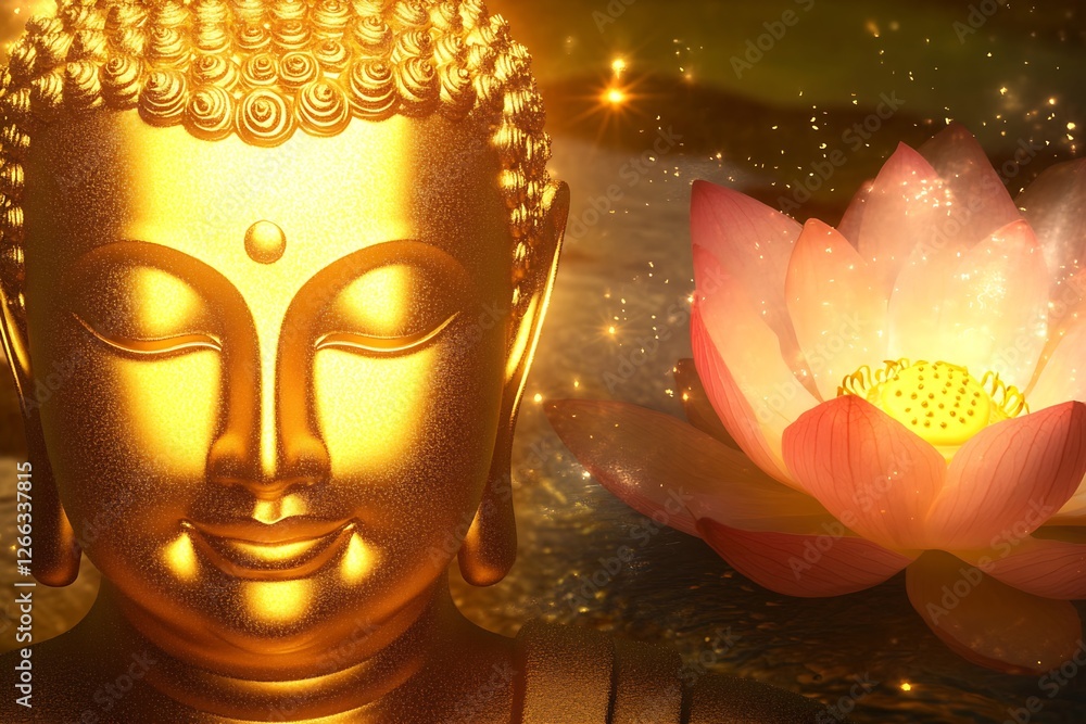 Aufkleber golden buddha statue surrounded by a beautiful lotus flower in a serene and peaceful setting : gener