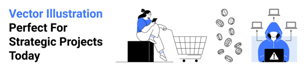 Woman browsing mobile near a cart, coins falling, hacker with a laptop. Ideal for e-commerce, cybersecurity, tech awareness, financial security, online payments, shopping trends and flat landing