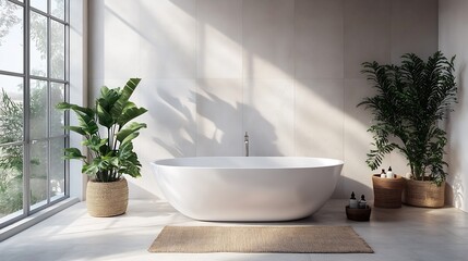Fototapeta premium Contemporary bathroom with a beautiful freestanding tub and decorative plants for a serene atmosphere : Generative AI