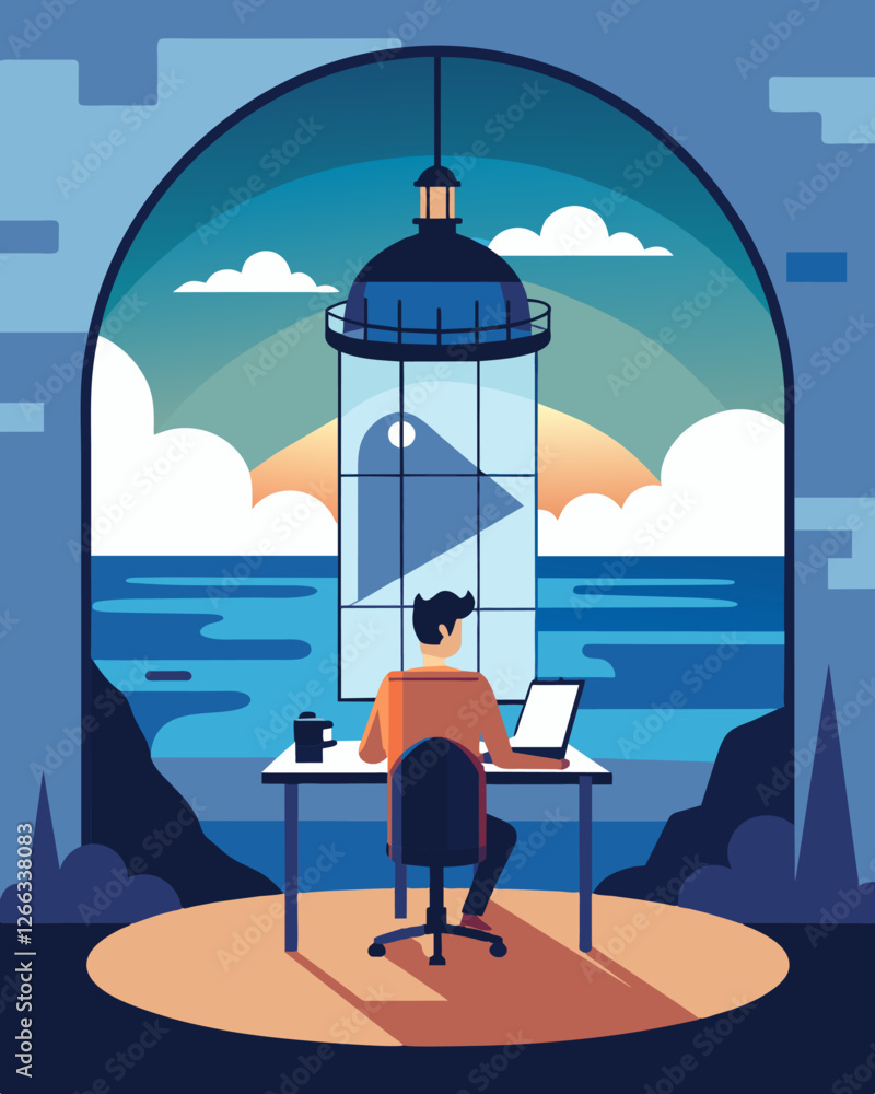Poster using the lighthouses original lantern room a remote worker sets up their office with a stunning 360