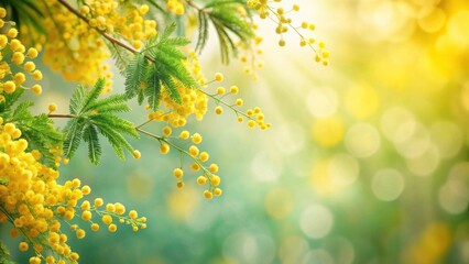 Obraz premium Golden Mimosa Blossoms in Springtime Sunlight, a Vibrant and Cheerful Floral Image Perfect for Greeting Cards or Springtime Themes