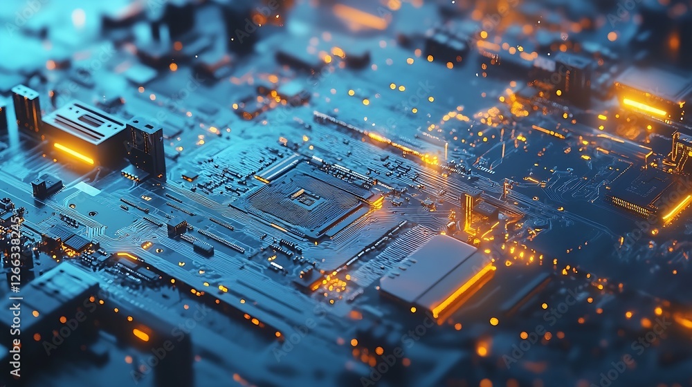 Poster Intricate close-up of a circuit board showcasing glowing elements and electronic pathways : Generative AI