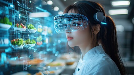 Young woman wearing virtual reality glasses in a futuristic kitchen with digital food displays