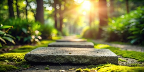 Serene stone pathway amidst lush greenery bathed in warm sunlight, inviting tranquility and peaceful contemplation