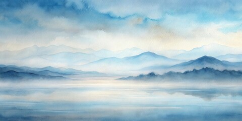 Naklejka premium Serene Watercolor Landscape of Misty Mountains and Calm Water Reflecting a Peaceful Sky