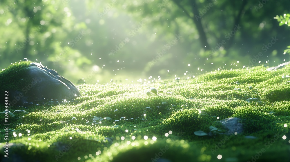 Poster idyllic forest scene featuring vibrant moss carpet sprinkled with dew and warmed by sun rays : gener