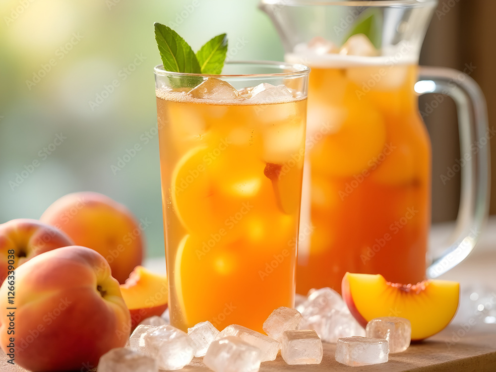 Poster peach iced tea: a fragrant peach-infused iced tea, naturally sweetened and served with slices of fre
