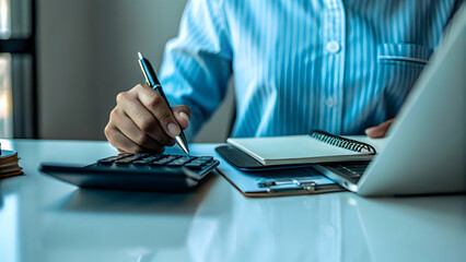 budget plan for online education concept as Learner at blank desk calculates course costs shaping long term skill investment without derailing financial stability in  Photo Stock  Concept  and empty s