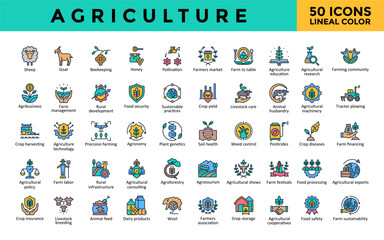 Agriculture icons set with sheep, goat, beekeeping, honey, pollination, farmers market, farm to table, agriculture education, agricultural research icon. Simple lineal color vector 

