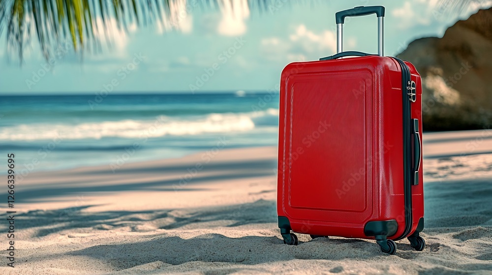 Aufkleber vibrant red suitcase resting on a tropical beach with soft sand and crystal clear ocean in the backg