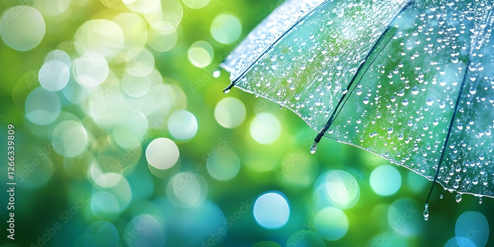 Fototapete artistic representation of an umbrella with sparkling raindrops against a bokeh background in nature