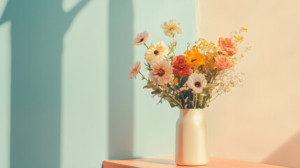 Naklejka premium Romantic close-up of pastel flower bouquet with soft natural light against multicolor background